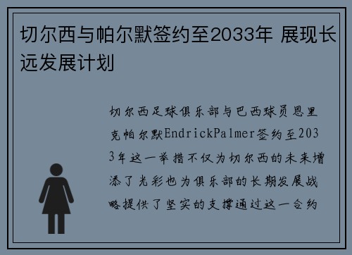 切尔西与帕尔默签约至2033年 展现长远发展计划
